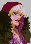  1boy allosaurus bishounen blonde_hair cape cigarette coat coat_on_shoulders donquixote_rocinante feather_coat fur_cape fur_coat hat heart heart_print highres hood looking_at_viewer makeup male_focus one_piece pink_coat red_hood shirt smoking solo vasan5555 