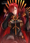  black_bodysuit bodysuit cape chain collared_cape crossed_legs family_crest fate/grand_order fate_(series) hair_over_one_eye hand_on_own_cheek hand_on_own_face highres kurozawa_yui medallion oda_nobunaga_(fate) oda_nobunaga_(maou_avenger)_(fate) oda_uri popped_collar red_cape red_eyes red_hair sitting smile tight_top 