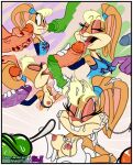  absurd_res anthro blonde_hair bodily_fluids border breasts clothing digital_media_(artwork) female fourball fur genitals hair hi_res lagomorph leporid lola_bunny looney_tunes male male/female mammal nipples nude oral penis rabbit simple_background space_jam warner_brothers white_border 