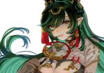  1girl binik_ex black_gloves black_hair breast_cutout breasts cleavage cleavage_cutout clothing_cutout colored_inner_hair detached_sleeves dragon_girl dragon_horns draph gloves gradient_hair granblue_fantasy green_eyes green_hair hair_ornament highres horn_ornament horns large_breasts lipstick long_hair looking_at_viewer makeup mole mole_under_mouth multicolored_eyes multicolored_hair payila_(granblue_fantasy) pointy_ears red_eyes solo tassel tassel_hair_ornament tuanshan two-tone_eyes two-tone_hair very_long_hair white_background 