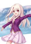  1girl blonde_hair blue_sky breasts cloud cloudy_sky cowboy_shot fate/stay_night fate_(series) highres illyasviel_von_einzbern long_hair long_sleeves morokoshi_(tekku) open_mouth outstretched_arms pleated_skirt purple_shirt red_eyes shirt sidelocks skirt sky small_breasts solo spread_arms straight_hair teeth upper_teeth_only 