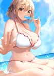  1girl barefoot beach bikini blue_sky breasts brown_eyes brown_hair cloud day eating food highres looking_at_viewer maehara_nina navel ocean ochikobore_fruit_tart outdoors popsicle sitting sky solo sunlight suzushi_moruto swimsuit wariza water white_bikini 