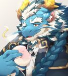 absurd_res anthro blue_body boar_stag144 braided_hair braided_ponytail dragon eating facial_hair hair hi_res lifewonders male mature_male meat_bun overweight ponytail qinglong solo tokyo_afterschool_summoners white_hair yellow_eyes