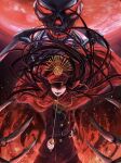  1girl belt black_hair cape collared_cape family_crest fate/grand_order fate_(series) hand_on_own_hip hat highres holding holding_sword holding_weapon katana medallion military_hat moon oda_nobunaga_(fate) oda_uri open_mouth peaked_cap red_cape red_eyes red_theme skeleton solo sword weapon yagi_(yagi5art) 