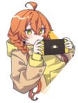  1girl ahoge blush braid character_name commentary cropped_torso crossed_bangs earrings green_eyes hair_between_eyes handheld_game_console holding holding_handheld_game_console hood hoodie jewelry kashikaze long_hair long_sleeves nijisanji nintendo_switch open_mouth orange_hair shishido_akari simple_background solo transparent_background twin_braids upper_body virtual_youtuber yellow_hoodie 