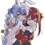  2girls animal_ear_fluff animal_ears bangs blue_hair blush braid bunny_ears carrying food_themed_hair_ornament hair_ornament heavy_breathing hololive homura910210 houshou_marine jacket long_hair multicolored_hair multiple_girls open_mouth piggyback rabbit_girl red_eyes red_hair red_jacket simple_background sleeveless sleeveless_jacket twin_braids twintails usada_pekora 