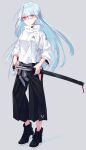  1girl bangs black_footwear black_pants glasses grey_background hand_on_weapon high_collar highres hip_vent holding holding_sheath holding_sword holding_weapon jacket japanese_clothes katana light_blue_hair long_hair looking_at_viewer multicolored multicolored_eyes nagishiro_mito original pants scabbard sheath sheathed simple_background solo standing sword weapon white_jacket 