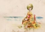  1girl beach bow clover four-leaf_clover hair_over_one_eye highres japanese_clothes kimono kurage_nanami lala_(watashi_no_koko) official_art orange_kimono outdoors painting_(medium) red_bow red_eyes sand short_hair sitting smile solo traditional_media vignetting watashi_no_koko water watercolor_(medium) 