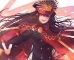  1girl black_hair black_shirt cape chain family_crest fate/grand_order fate_(series) hair_between_eyes hat highres jikkentai_(zol8529) long_sleeves looking_at_viewer military_hat oda_nobunaga_(fate) oda_uri open_mouth peaked_cap red_cape red_eyes shirt solo upper_body white_background 