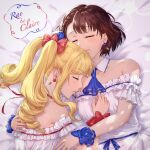  2girls absurdres asumaru_(58284258) bare_shoulders blonde_hair blue_neckerchief blush bow brown_hair claire_francois closed_eyes drill_hair earrings hair_bow highres hug jewelry long_hair multiple_girls neckerchief rae_taylor short_hair sleeping watashi_no_oshi_wa_akuyaku_reijou yuri 