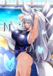  1girl absurdres alternate_costume animal_ears animal_print armpits arms_behind_head ass azur_lane blue_butterfly blue_eyes blue_one-piece_swimsuit blurry blurry_background breasts bug butterfly butterfly_print competition_swimsuit cowboy_shot fox_ears fox_tail from_side glowing_butterfly grey_hair highres huge_breasts indoors kitsune kyuubi large_tail long_hair looking_at_viewer multiple_tails one-piece_swimsuit oriue_wato pool pool_ladder shinano_(azur_lane) solo standing swimsuit tail transparent_butterfly very_long_hair white_tail 