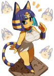  1girl :&lt; animal_crossing animal_ears ankha_(animal_crossing) aqua_hair bandages bare_shoulders black_eyes blue_hair blunt_bangs blush bob_cut body_fur breasts cat_ears cat_girl cat_tail closed_mouth colored_inner_hair colored_skin commentary_request dress egyptian egyptian_clothes frown furry furry_female greentanuki hair_ornament hieroglyphics highres large_breasts looking_at_viewer medium_hair multicolored_hair pencil_dress short_dress snake_hair_ornament solo striped_tail tail tsurime white_dress yellow_fur yellow_skin 