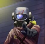  2others black_gloves bodysuit dragging gloves glowing glowing_eyes hazmat_suit helmet holding indoors lethal_company looking_at_another monster multiple_others orange_bodysuit oxygen_mask oxygen_tank pointing railing rainy_sayu reflective_visor strap tube worker_(lethal_company) 