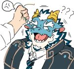  1boy absurdres aqua_skin beard dragon_boy dragon_horns facial_hair full_beard furry furry_male highres horns huge_eyebrows long_mustache necktie pain qinglong_(housamo) striped_necktie tokyo_afterschool_summoners two-tone_beard ye_xiang_(l3yj2vcknincza7) 