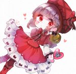  1girl 8tk_4rtk bell bow bowtie dress grey_hair hat hat_bow heart highres jingle_bell laetitia_(project_moon) lobotomy_corporation long_sleeves looking_at_viewer project_moon red_bow red_bowtie red_dress red_eyes red_footwear red_headwear solo 