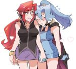  2girls black_shirt blue_bodysuit blue_gloves blue_hair blush bodysuit breasts cape clair_(pokemon) closed_eyes closed_mouth collarbone cowboy_shot earrings eyelashes facing_another flying_sweatdrops glasses gloves grin hair_between_eyes heart highres holding holding_cape holding_clothes holding_hands jewelry leaning_on_person lipstick long_hair lorelei_(pokemon) loveycloud makeup medium_breasts multiple_girls pencil_skirt pokemon pokemon_masters_ex ponytail purple_skirt red_eyes red_hair red_lips shirt sidelocks simple_background skirt sleeveless smile standing two-tone_bodysuit white_background yuri 