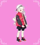  1girl alternate_costume bag baseball_cap bike_shorts bike_shorts_under_skirt black_skirt black_sweater boku_no_hero_academia child eri_(boku_no_hero_academia) full_body grey_hair hat highres horns long_hair oru_2ji pink_background ponytail red_eyes shoulder_bag single_horn skirt sleeveless sleeveless_jacket solo standing sweater 