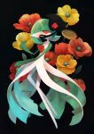  anemone_(flower) colored_skin commentary_request eye_contact flower gardevoir gen_3_pokemon gen_5_pokemon highres kikuyoshi_(tracco) looking_at_another looking_back orange_eyes orange_flower pokemon pokemon_(creature) signature white_skin yamask yellow_flower 