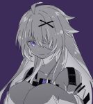  1girl ahoge bandage_over_one_eye closed_mouth greyscale hair_between_eyes hair_ornament highres long_hair monochrome no.21:_xxi_(punishing:_gray_raven) no.21_(punishing:_gray_raven) punishing:_gray_raven purple_background purple_eyes sidelocks sleeves_past_fingers sleeves_past_wrists solo suspenders tro_vo0723 unkempt x_hair_ornament 