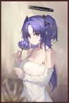  1girl absurdres blue_archive blush breasts cleavage closed_mouth dress flower halo highres holding holding_flower large_breasts long_hair looking_at_viewer mechanical_halo purple_eyes purple_flower purple_hair saw272 solo two_side_up upper_body white_dress yuuka_(blue_archive) 