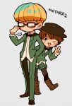  &gt;_o 2boys 73_(naa) black_bow black_bowtie black_headwear blonde_hair blush bow bowl_cut bowtie brown_footwear brown_hair collared_shirt copyright_name freckles full_body glasses green_jacket green_pants green_shorts jacket jeff_andonuts long_hair male_focus mother_(game) mother_2 multiple_boys one_eye_closed open_mouth pants shirt short_hair shorts simple_background standing tony_(mother_2) v white_shirt 