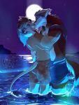  anthro canid canine canis coyote dden009 duo felid hi_res hybrid kissing lion male male/male mammal moon pantherine romantic_ambiance water wolf 