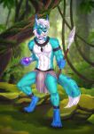 abs absurd_res anthro arctic blue_body blue_eyes blue_fur bottomwear bracelet bulge clothed clothing detailed_background digital_media_(artwork) falyx felid feline forest forest_background fur grin hair half_naked hi_res jewelry loincloth lynx magic_user male mammal mrrrn multicolored_body muscular muscular_anthro muscular_male nature nature_background necklace orb pecs plant shaman smile solo tail topless topless_anthro topless_male tree tribal tribal_jewelry tribal_necklace tribal_outfit tribal_spellcaster white_hair
