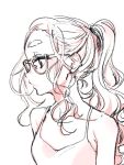  1girl bare_shoulders camisole commentary_request dekomegane expressionless glasses long_hair looking_to_the_side monochrome original ponytail profile sasetsu sketch solo thick_eyebrows upper_body wavy_hair 