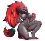  2019 3_fingers 3_toes anthro biped blue_eyes breasts canid canine claws edit feet female fingers front_view fur genitals grey_body grey_fur hair hi_res kneeling kyodashiro looking_at_viewer mammal navel nintendo nipples on_one_knee open_mouth open_smile pok&eacute;mon pok&eacute;mon_(species) pussy red_hair sharp_teeth simple_background smile solo teeth toes tongue tongue_out video_games white_background zoroark 