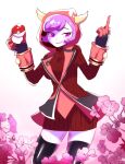  1girl black_thighhighs breasts courtney_(pokemon) cowlick ddingyong dress fake_horns gloves grin half-closed_eyes holding holding_poke_ball hood hooded_vest hoodie horned_headwear horned_hood horns long_sleeves medium_breasts middle_finger poke_ball poke_ball_(basic) pokemon pokemon_oras purple_eyes purple_hair red_dress red_gloves red_hood ribbed_dress short_dress short_hair smile swept_bangs team_magma team_magma_uniform thighhighs turtleneck_dress vest 