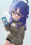  1girl absurdres bespectacled black_shorts blue_archive blue_nails blush cellphone closed_mouth fingernails glasses grey_jacket halo highres holding holding_phone jacket long_hair long_sleeves looking_at_viewer mechanical_halo nail_polish phone purple_eyes purple_hair round_eyewear shorts smartphone solo two_side_up yuuka_(blue_archive) zumi6 