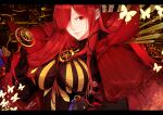  1girl black_bodysuit bodysuit bug butterfly cape chain collared_cape family_crest fate/grand_order fate_(series) hair_over_one_eye hand_in_own_hair highres light_smile looking_at_viewer medallion oda_nobunaga_(fate) oda_nobunaga_(maou_avenger)_(fate) oda_uri parted_lips popped_collar portrait red_cape red_eyes red_hair solo tight_top toki_(dokitoki) 