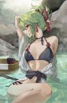  1girl absurdres arm_behind_head arm_support bikini black_bikini breasts clothing_request commentary commission earrings genshin_impact green_hair hair_between_eyes highres jewelry kuki_shinobu long_hair looking_at_viewer navel onsen parted_lips partially_submerged pixiv_commission purple_eyes red_nails rope shimenawa side-tie_bikini_bottom single_bare_shoulder sitting small_breasts solo sssong_aa swimsuit wet 