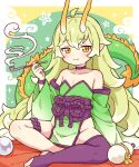  1girl bare_shoulders blush bridal_legwear choker closed_mouth colored_tips commentary commission detached_sleeves dragon_girl dragon_horns dragon_tail dress english_commentary flat_chest full_body green_dress green_hair groin highres horns indian_style kiseru long_hair long_sleeves looking_at_viewer multicolored_hair no_panties no_shoes obi onyhakase original pelvic_curtain pointy_ears purple_choker purple_thighhighs sash second-party_source single_thighhigh sitting skeb_commission smoking_pipe solo strapless strapless_dress tail thighhighs very_long_hair yellow_eyes 