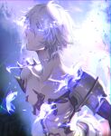  1boy armor glowing glowing_eyes granblue_fantasy highres lucilius_(granblue_fantasy) male_focus scar scar_on_neck short_hair shoulder_armor solo sw21159502 toned white_eyes white_hair 