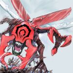  bug claws digimon digimon_(creature) extra_arms flower highres kuwagamon level-00 mandibles monster no_humans open_mouth sharp_teeth solo teeth torn_wings white_flower wings 