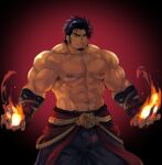  1boy abs absurdres armpit_hair bara belt biceps black_eyes blue_hair feet_out_of_frame fingerless_gloves fire gloves highres large_pectorals looking_at_viewer male_focus manly mature_male muscular muscular_male navel navel_hair nipples original pectorals pyrokinesis red_background short_hair simple_background smirk solo stomach strongman_waist terujirou_(masateruteru) thick_arms thick_eyebrows topless_male veins 