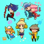  3boys 3girls 73_(naa) alpaca_ears animal_crossing animal_ears apron black_pants blonde_hair blue_background blue_dress blue_hair blue_pants blush_stickers cat_boy cat_ears cat_tail clipboard closed_eyes coat cyrus_(animal_crossing) digby_(animal_crossing) dress folder freckles green_eyes grey_hair heart holding holding_clipboard holding_folder hug humanization isabelle_(animal_crossing) katie_(animal_crossing) multiple_boys multiple_girls necktie pants pink_hair pink_pants ponytail red_eyes red_sweater reese_(animal_crossing) rover_(animal_crossing) smile sweater tail translation_request yellow_coat yellow_necktie 