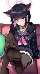  1girl animal_ears bad_anatomy bad_leg bad_perspective black_hair black_jacket black_pantyhose blue_archive blush cat_ears closed_mouth colored_inner_hair extra_ears hair_ornament hairclip halo highres hood hood_down hooded_jacket jacket kazusa_(blue_archive) lapis_(gulala375) long_sleeves looking_at_viewer multicolored_hair pantyhose pink_hair pink_halo pleated_skirt red_eyes short_hair sitting skirt soles solo toes white_skirt 