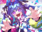  1girl :d @_@ ahoge animal_ears aqua_hair blue_eyes blue_hair blurry bow chromatic_aberration commentary crossed_bangs curled_fingers depth_of_field drawstring fingernails hair_bow hands_up heterochromia highres hood hoodie horse_ears horse_girl long_hair long_sleeves looking_at_viewer maigo_(user_xkwr8585) multicolored_clothes multicolored_hair multicolored_hoodie open_mouth purple_eyes sharp_teeth sidelocks smile solo striped striped_bow stuffed_animal stuffed_rabbit stuffed_toy teeth twin_turbo_(umamusume) twintails two-tone_hair umamusume upper_body upper_teeth_only 