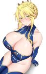  1girl ahoge arind_yudha artoria_pendragon_(fate) artoria_pendragon_(lancer)_(fate) bare_shoulders blonde_hair blue_gloves blue_leotard blue_thighhighs braid breasts cleavage cleavage_cutout clothing_cutout collarbone covered_navel crown elbow_gloves fate/grand_order fate_(series) french_braid gloves gold_trim green_eyes hair_between_eyes highleg highleg_leotard highres large_breasts leotard long_hair looking_at_viewer sidelocks sitting solo thighhighs thighs 