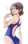  1girl ass back blue_eyes blush breasts competition_swimsuit from_behind heart highres ilkraz_aoi looking_at_viewer love_live! love_live!_sunshine!! one-piece_swimsuit short_hair simple_background solo swimsuit watanabe_you wavy_hair 