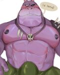 abs absurd_res anthro blush clothed clothing common_hippopotamus english_text erection erection_under_clothing green_clothing hi_res hipponoid_commander hippopotamid husbando_maker male mammal muscular muscular_anthro muscular_male nickelodeon nipples purple_body rock_paper_scissors_(series) simple_background solo teeth text white_background