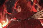  1girl cape collared_cape fate/grand_order fate_(series) fire glaring gotronix hair_over_one_eye long_hair looking_at_viewer looking_back oda_nobunaga_(fate) oda_nobunaga_(maou_avenger)_(fate) portrait red_cape red_eyes red_hair red_theme solo 