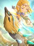  1girl artist_name blonde_hair blue_eyes blue_sky blurry blurry_background circlet closed_eyes closed_mouth commentary_request dragon earrings eyelashes glint gonzarez green_pupils highres holding holding_sword holding_weapon jewelry light_dragon_(zelda) master_sword pointy_ears princess_zelda scales sky spoilers sword the_legend_of_zelda the_legend_of_zelda:_tears_of_the_kingdom twitter_username weapon 