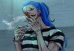  1boy absurdres blue_hair buggy_the_clown cigarette clown_nose commentary cuffs e8e8ea english_commentary facepaint facial_hair handcuffs highres long_hair low_ponytail male_focus official_alternate_costume one_piece ponytail prison_clothes red_nose smoke smoking solo 