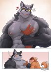 abs anthro athletic athletic_anthro athletic_bottom athletic_male breasts canid canine canis duo fox fur genitals hand_on_breast hi_res kamyuelo male male/male mammal muscular muscular_anthro muscular_male nipples pec_grab pecs penis size_difference squish wolf