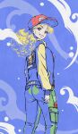  1girl baseball_cap blonde_hair blue_eyes cargo_pants curly_hair dragon_ball dragon_ball_(classic) dragon_ball_z from_behind green_pants grin hat highres jacket kanchiyo letterman_jacket limited_palette long_hair looking_back lunch_(bad)_(dragon_ball) lunch_(dragon_ball) pants red_headwear smile solo standing 