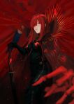  1girl black_bodysuit bodysuit cape collared_cape family_crest fate/grand_order fate_(series) fishofthelakes hair_between_eyes highres long_sleeves looking_at_viewer oda_nobunaga_(fate) oda_nobunaga_(maou_avenger)_(fate) oda_uri popped_collar red_cape red_eyes red_hair red_theme solo standing 