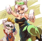  +_+ 2girls bare_arms bare_shoulders breasts brown_coat cleavage coat collarbone cosplay costume_switch detached_collar dress eye_symbol eyeshadow eyewear_on_head food food_on_head glasses gloves green_pantyhose hair_ornament hair_stick headband highres large_breasts makeup makizushi marie_(splatoon) marie_(splatoon)_(cosplay) mole mole_under_eye multiple_girls object_on_head pantyhose pointy_ears pungter purah purah_(cosplay) red-framed_eyewear red_eyes red_eyeshadow red_headband red_pantyhose round_eyewear sheikah short_dress short_ponytail sleeveless small_breasts splatoon_(series) squid strapless strapless_dress sushi tentacle_hair the_legend_of_zelda the_legend_of_zelda:_tears_of_the_kingdom white_gloves white_hair 